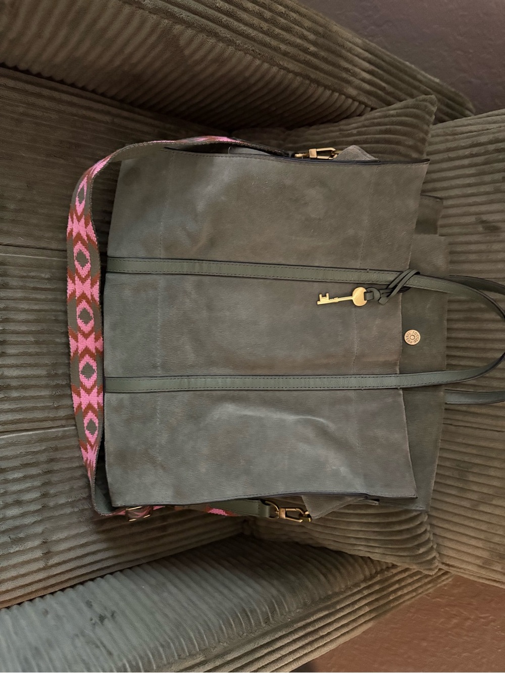 Fossil Gray Suede Tote with Pink Patterned Strap